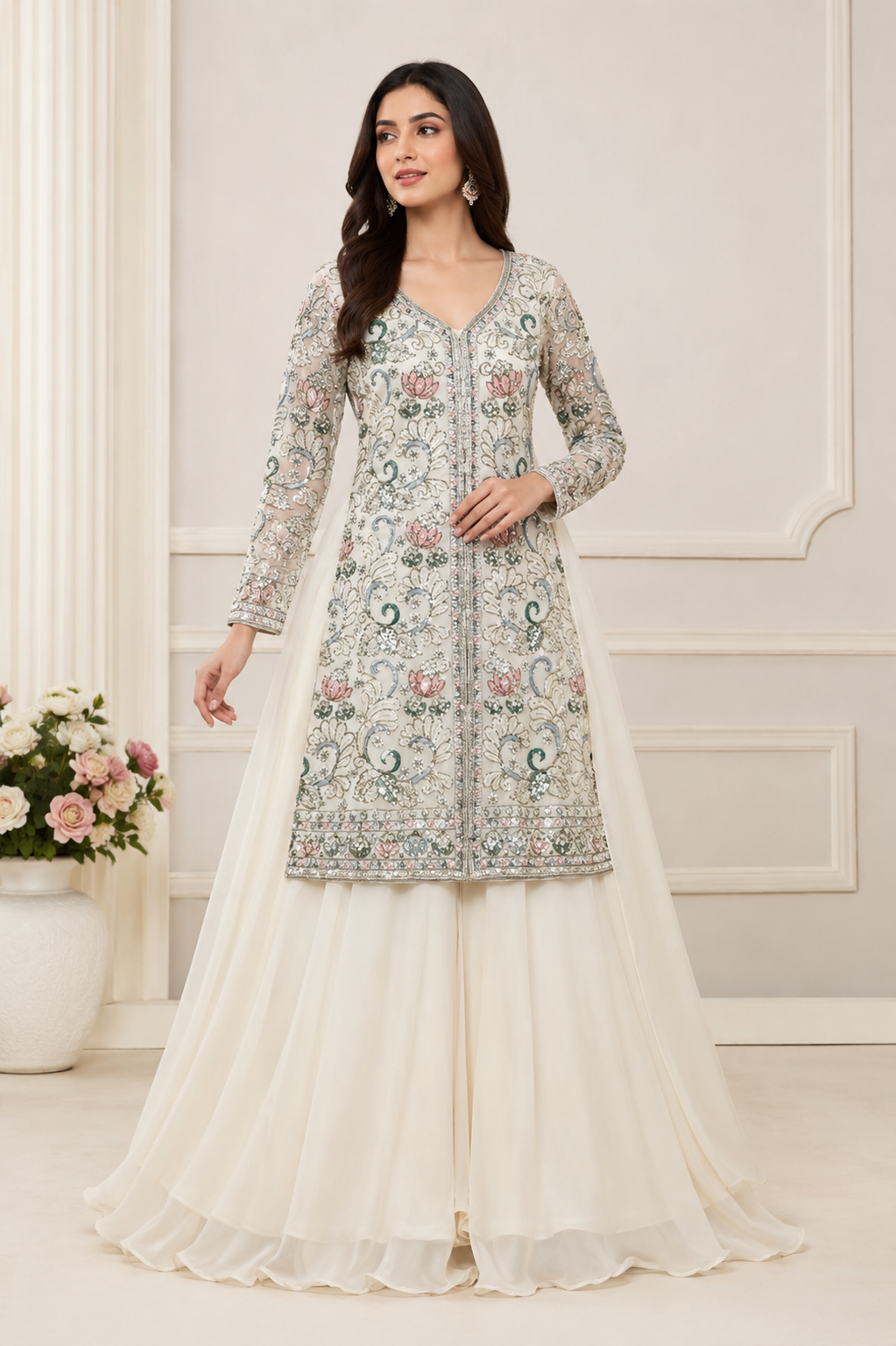 Front-Slit Long Kurti with Flared Gharara Skirt