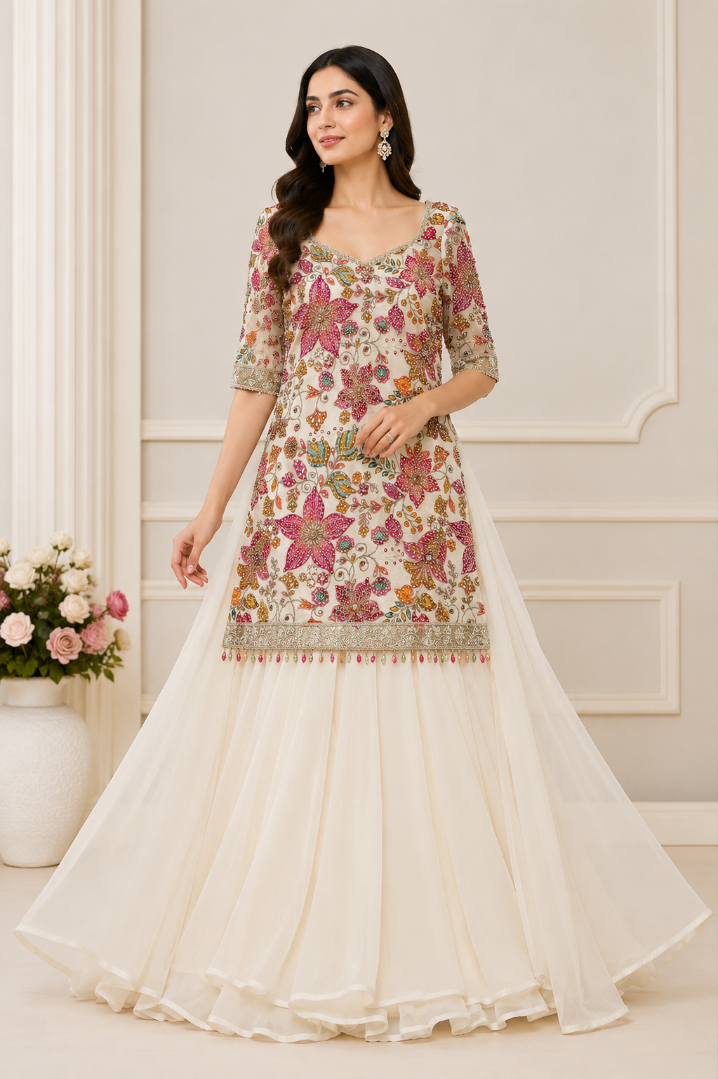 Floral Embroidered Sharara/Lehenga Suit