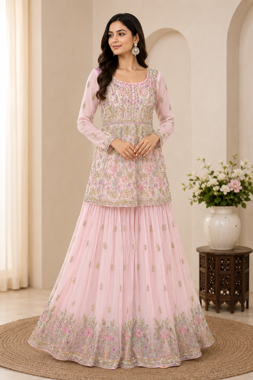 Baby Pink Floral Embroidered Sharara Suit