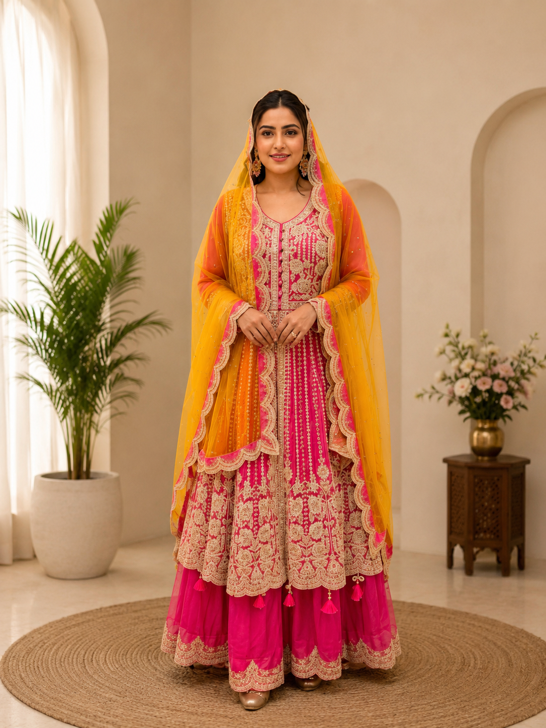 Rani Red Heavy Embroidered Anarkali Sharara & Contrast Net Dupatta Set
