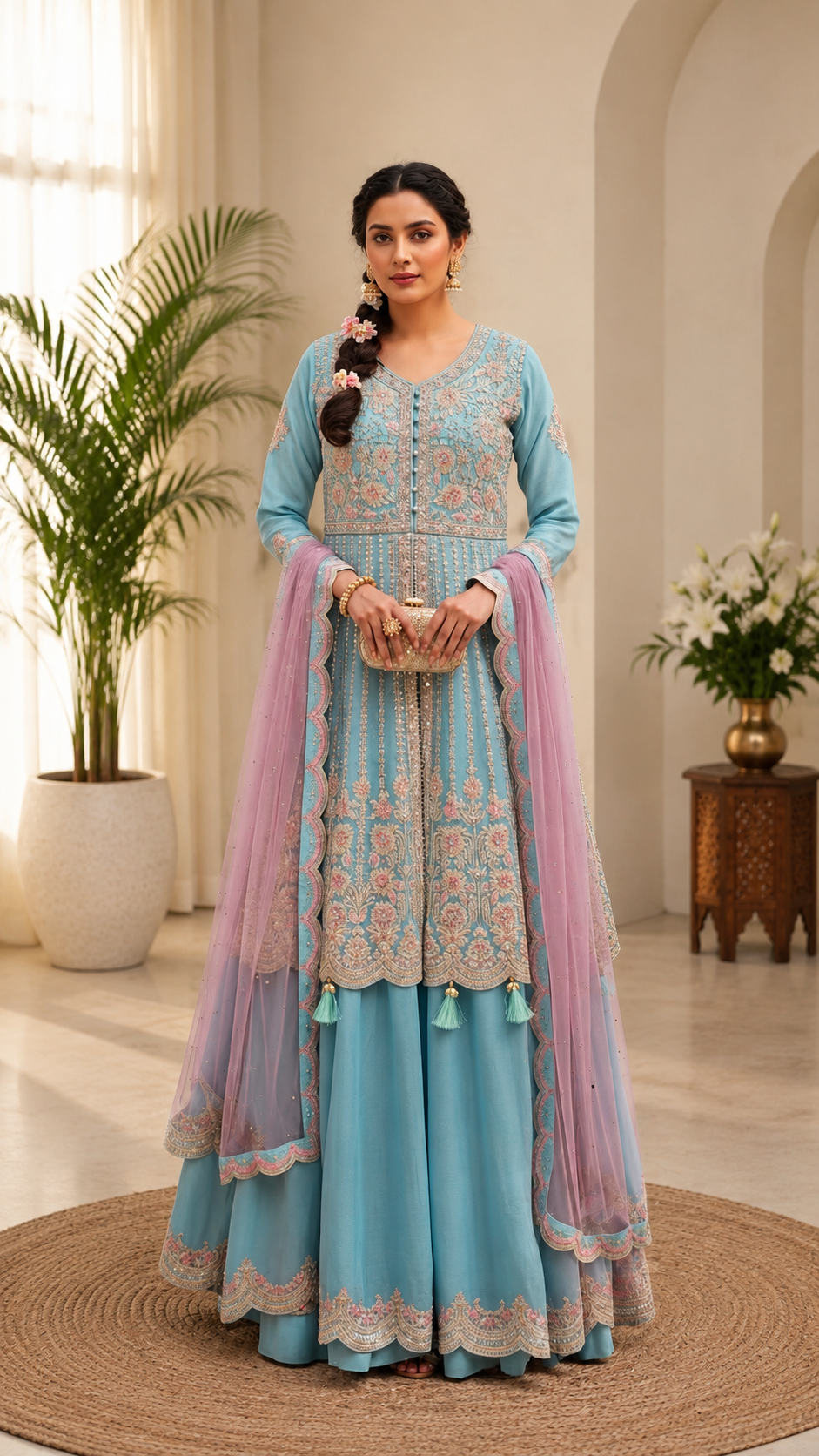Powder Blue Embroidered Anarkali Kurta Palazzo & Net Dupatta Set