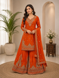 Rust Orange Heavy Embroidered Straight Kurta Sharara & Net Dupatta Set