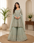 Sage Green Embroidered Peplum Sharara Suit Set