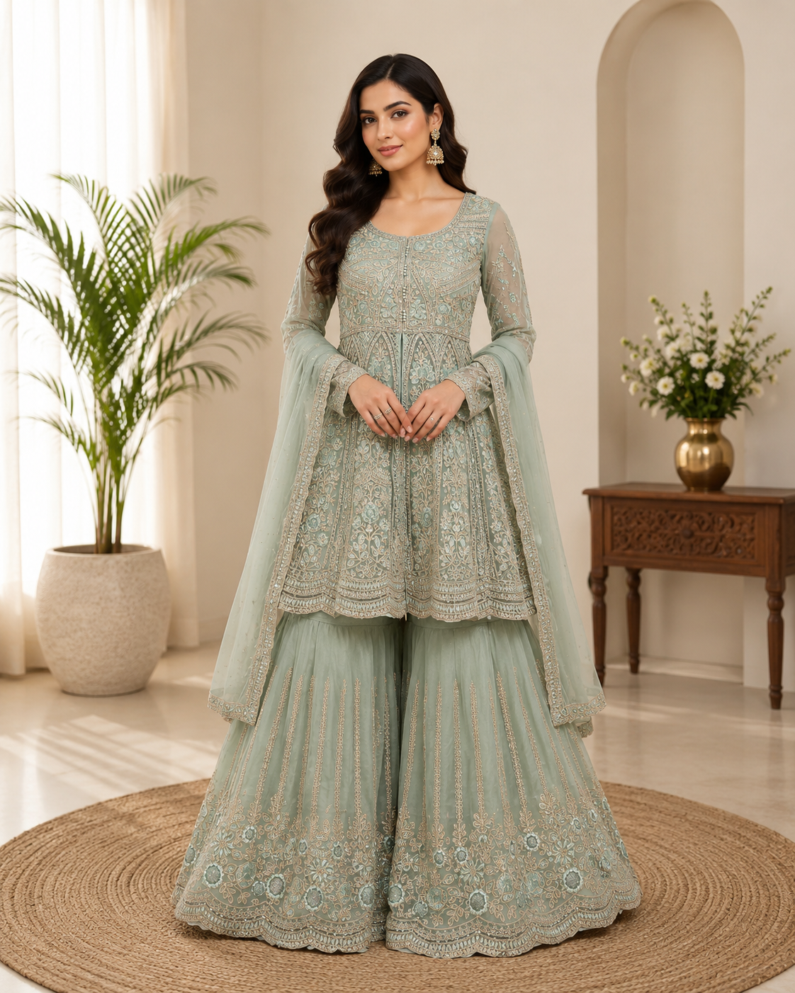 Sage Green Embroidered Peplum Sharara Suit Set