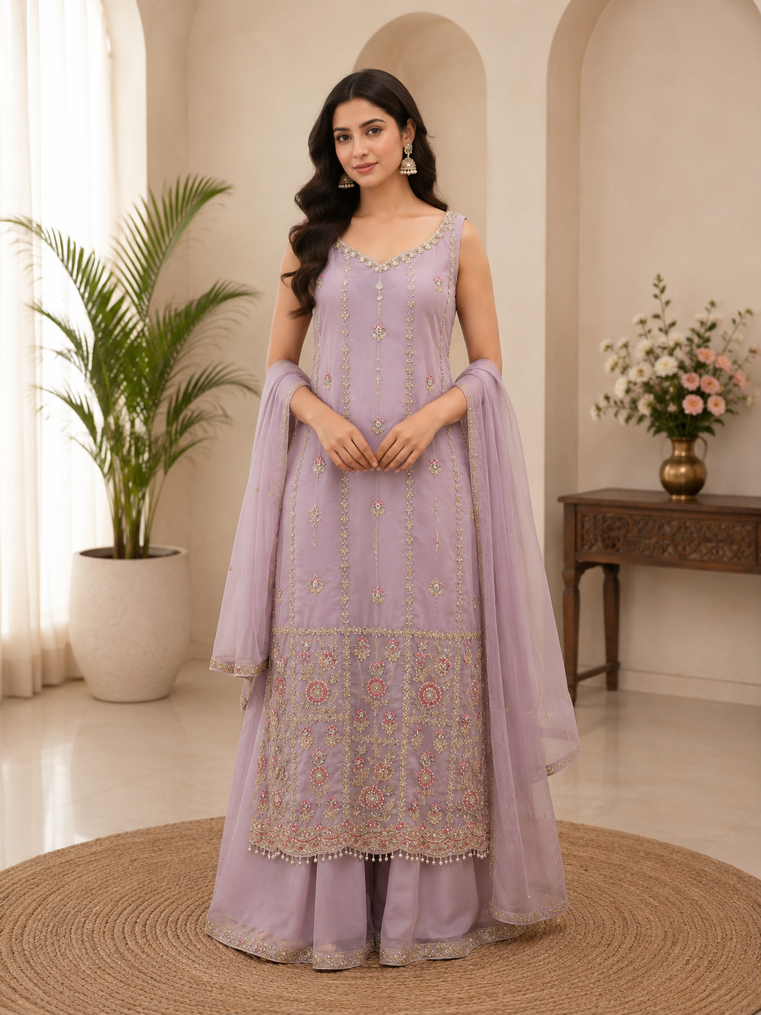 Lilac Embroidered Straight Kurta Palazzo & Organza Dupatta Set