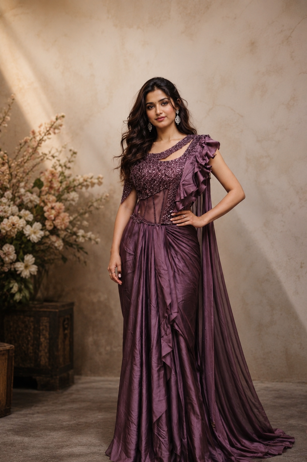 Wine Royale Sequin Saree Gown