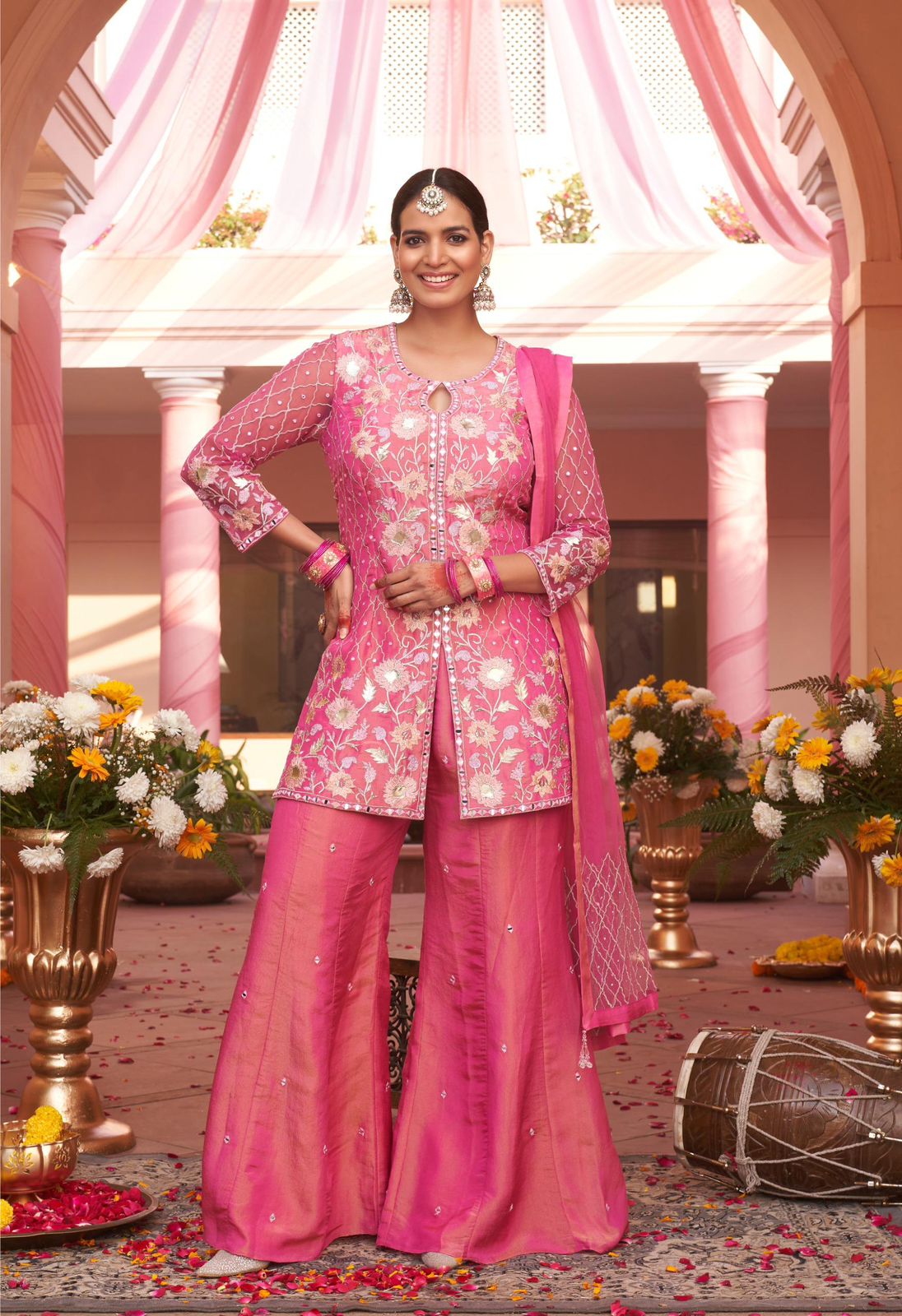 Designer Pink Embroidered Sharara Suit Set