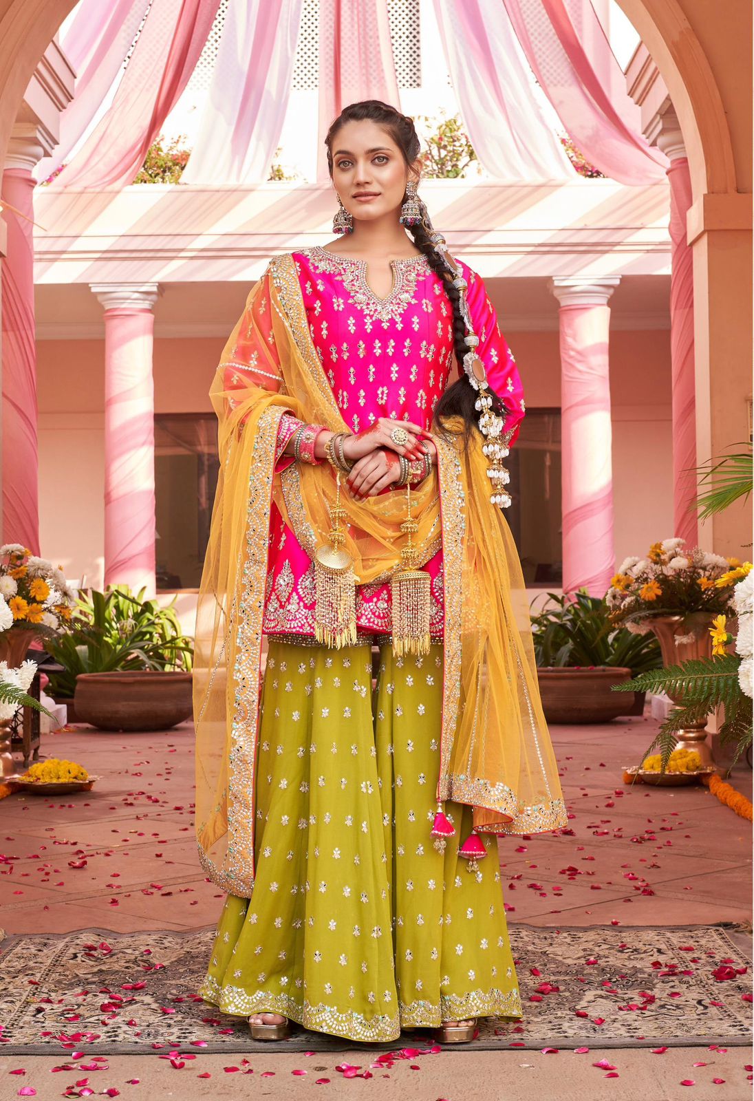 Designer Pink & Olive Green Sharara Suit Set
