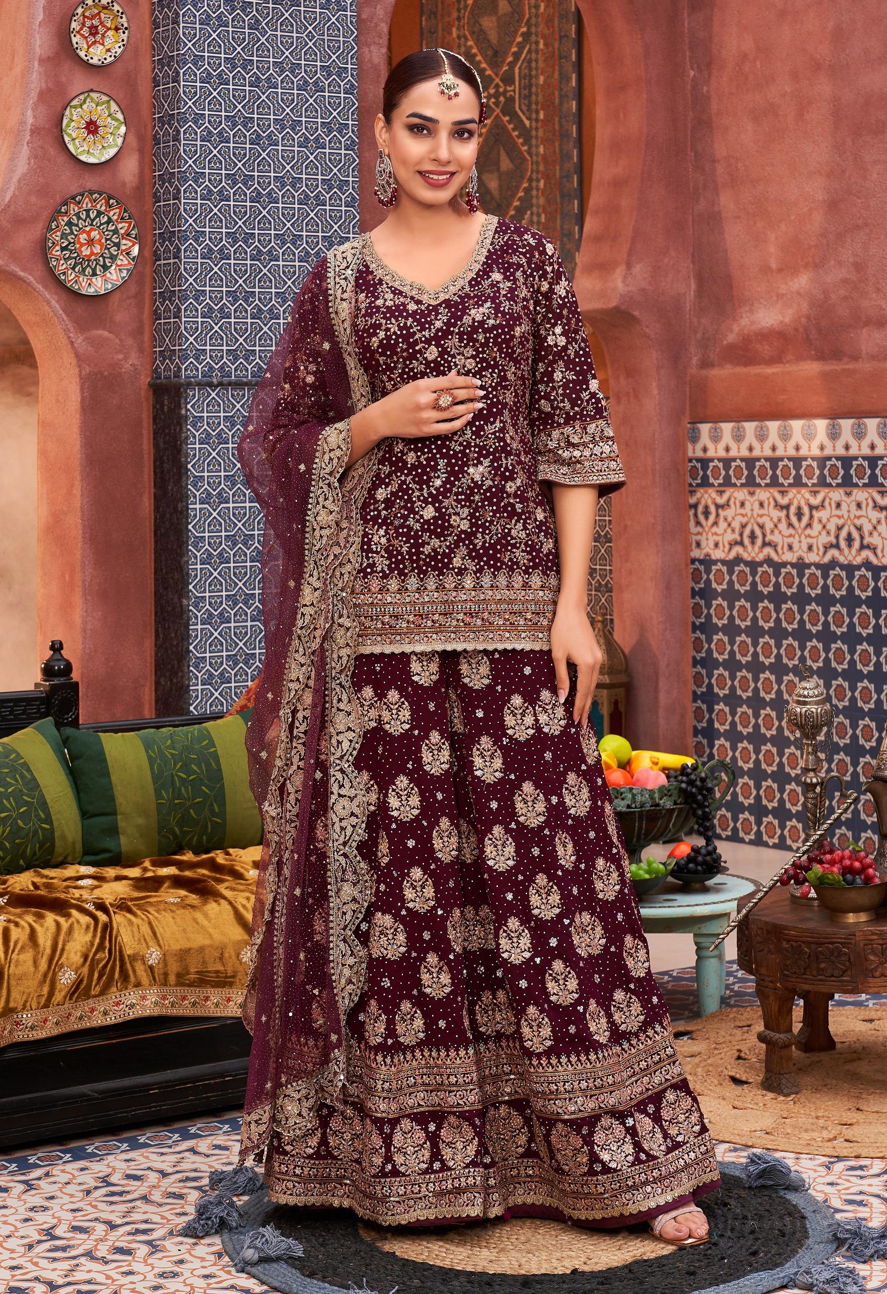 Luxury Maroon Embroidered Sharara Set