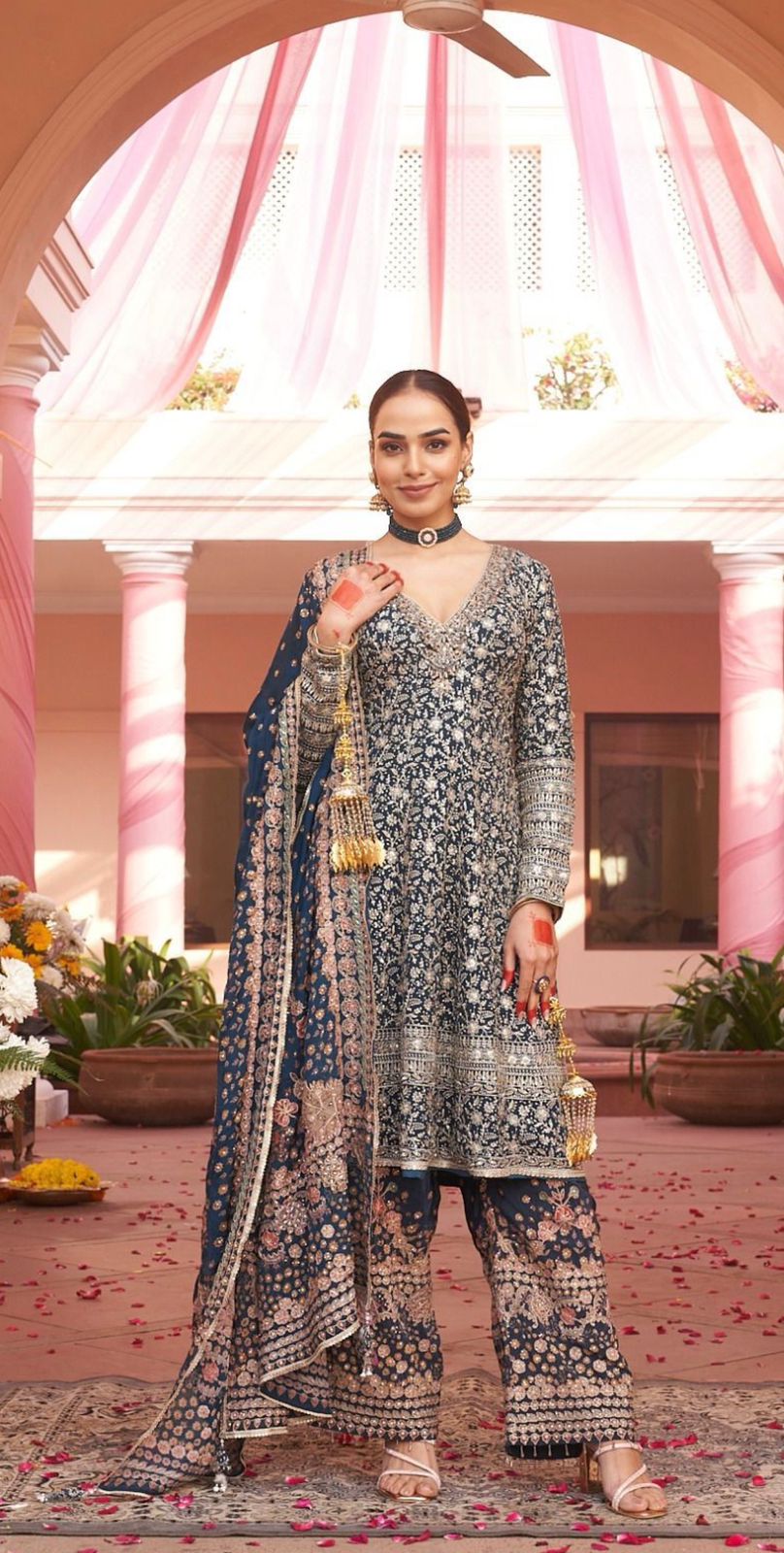 Royal Navy Blue Embroidered Sharara Suit Set