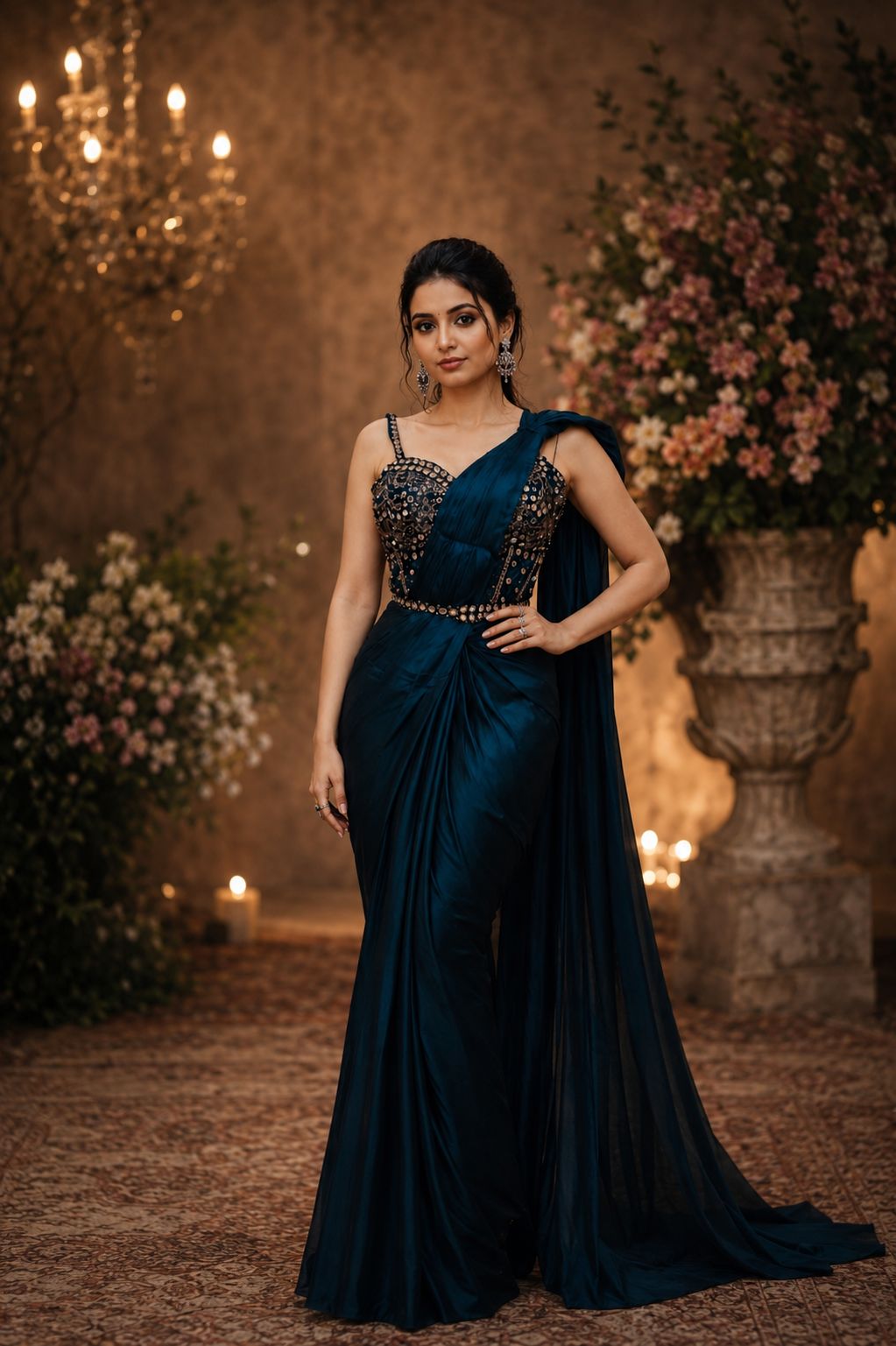 Midnight Blue Mirror Work Drape Saree Gown