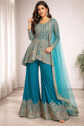 Turquoise Blue Embroidered Sharara Suit Set