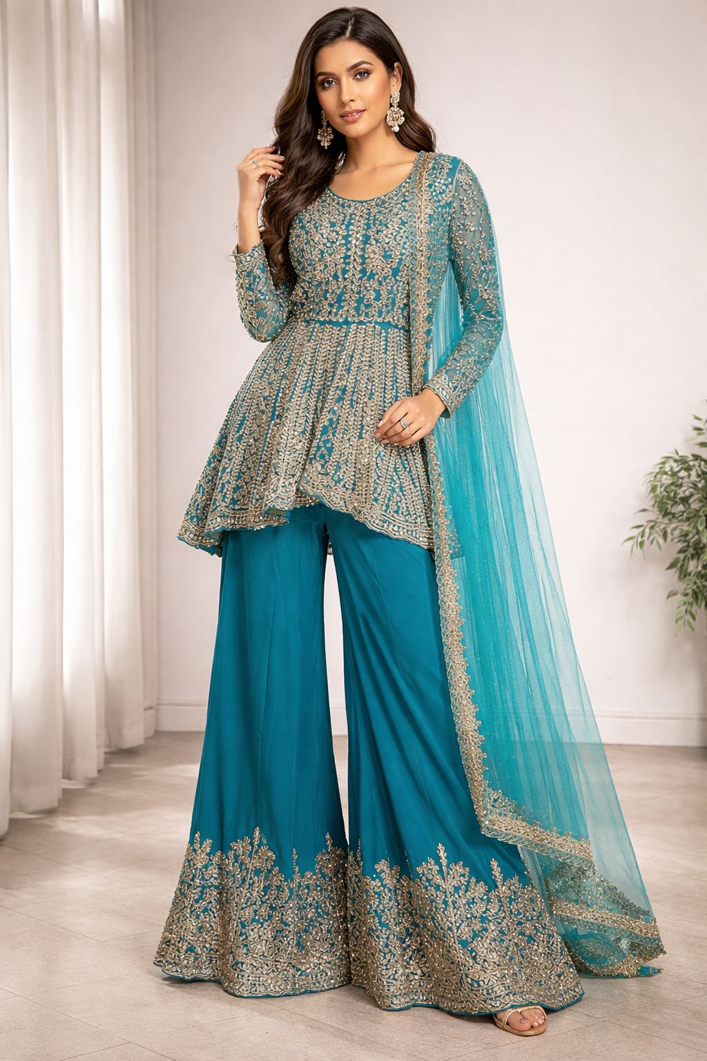 Turquoise Blue Embroidered Sharara Suit Set
