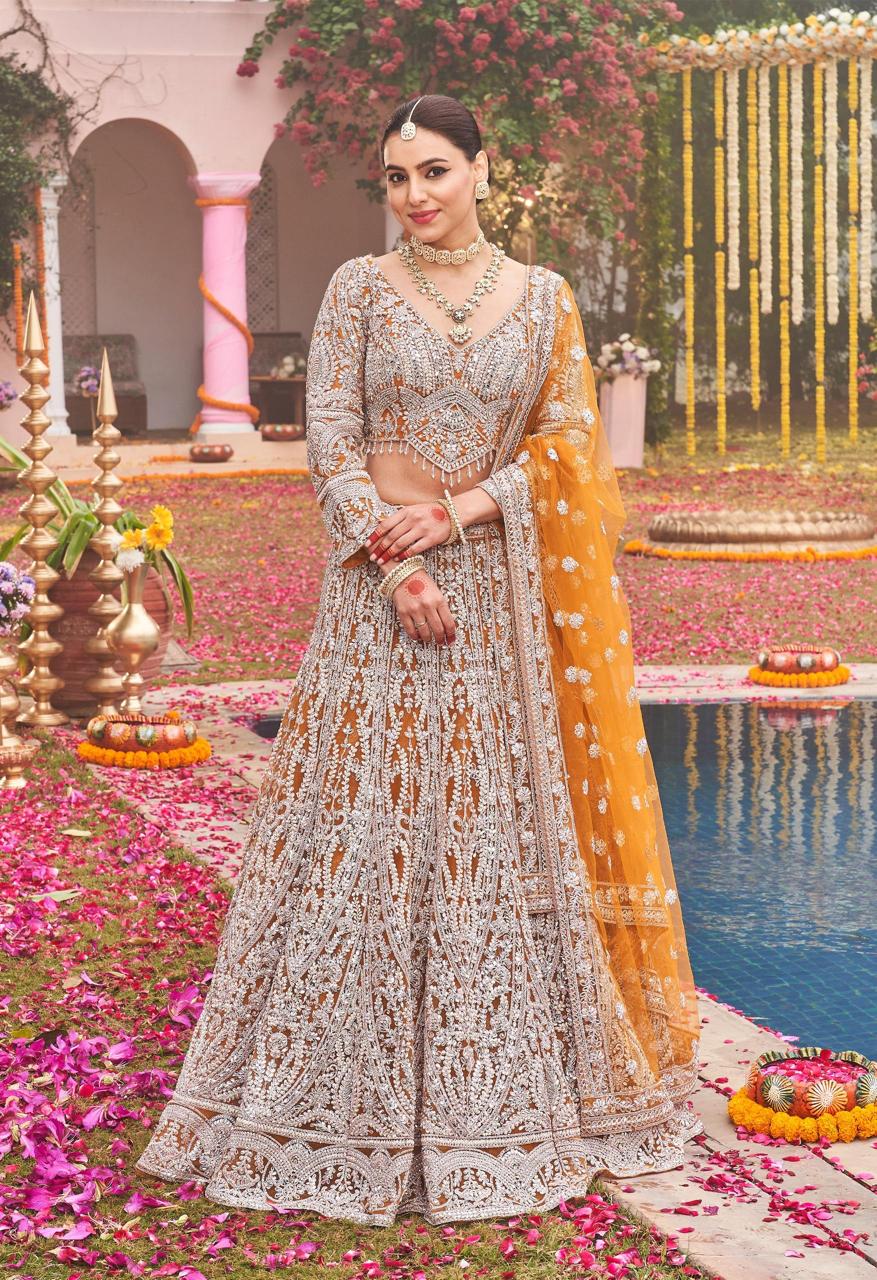 Mustard Yellow Heavy Embroidered Bridal Lehenga Set
