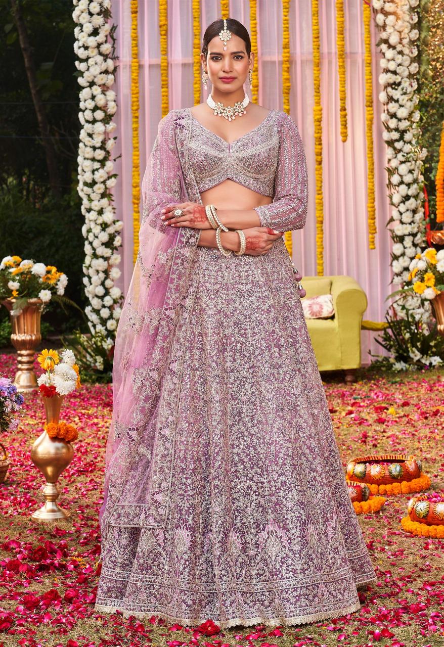 Lilac Pink Crystal Embellished Bridal Lehenga