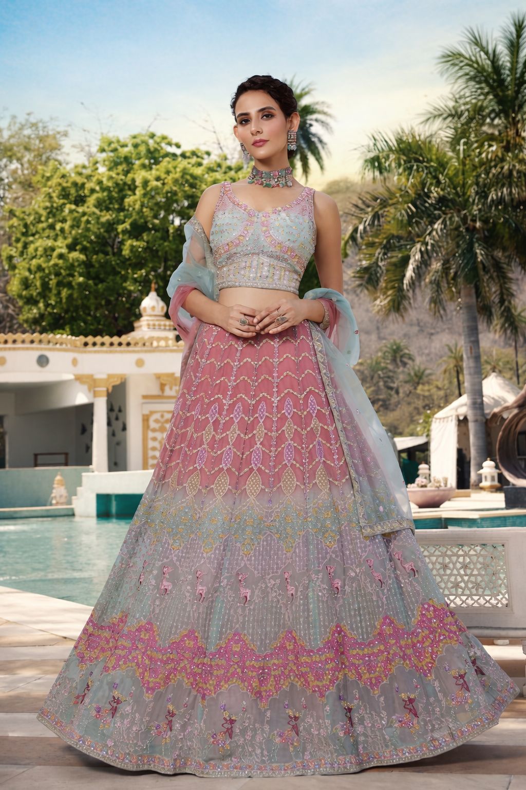 Pastel Ice Blue & Blush Pink Embroidered Lehenga Set