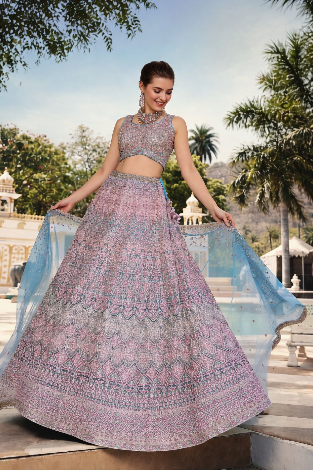 Powder Pink Embroidered Bridal Lehenga Choli
