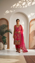 Magenta Pink Resham Work Straight Kurti with Flared Palazzo